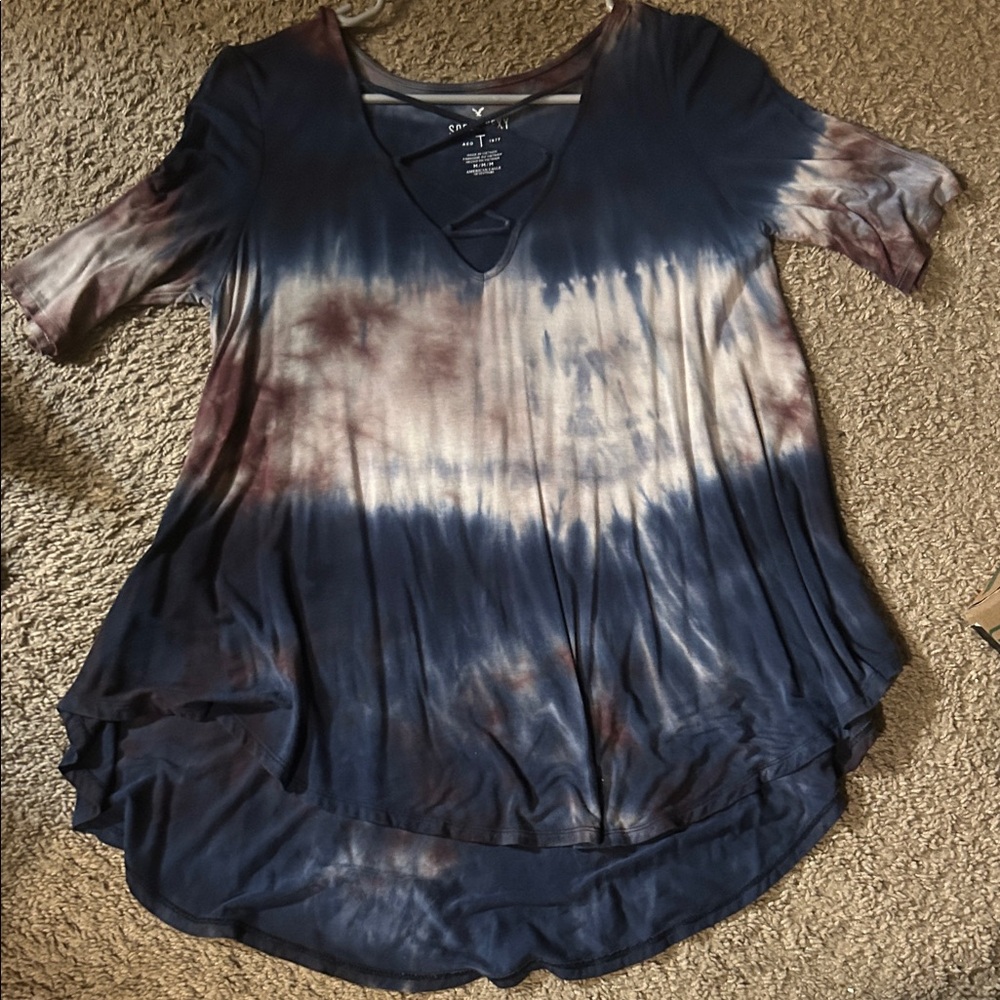 American Eagle Outfitters Blue and Brown Tie-Dye Tee